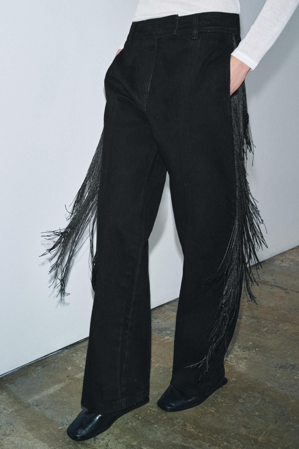 자라 프린지 디테일 블랙 와이드 팬츠 5216/280 BLACK - 상품 이미지