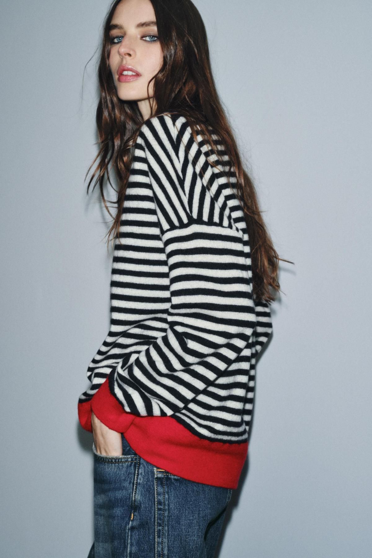 자라 스트라이프 라운드넥 울 니트 스웨터 9598/137 RED / BLACK - 상세 이미지 5