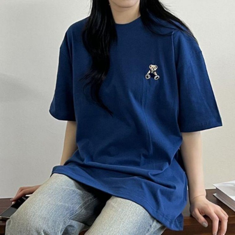 순 여자용오버사이즈 프리미엄 순면 하절기 반소매 티탑 네이비 - 상품 이미지
