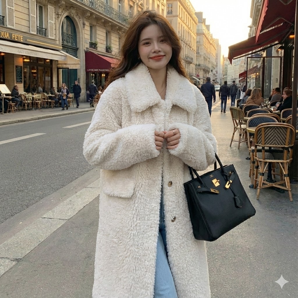 멋퀸 천연 양모 울100 양털코트 뽀글이 롱코트 라펠카라 - 상품 이미지
