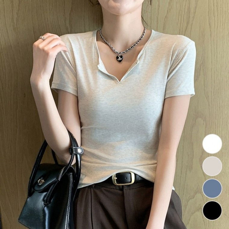 반오픈 골지 슬림핏 반팔티셔츠 ELC-9026 - 상품 이미지