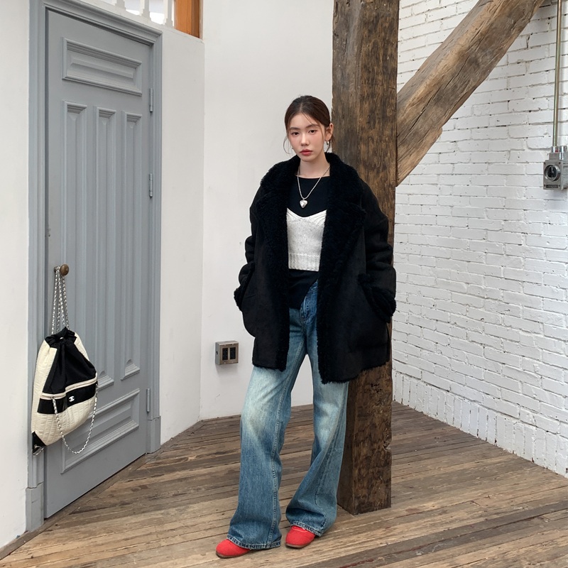 여성 스웨이드 하프 코트 램스울 양모 무스탕 3color 이미지 6