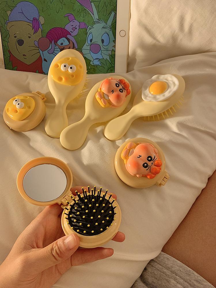 귀여운 미니 접이식 거울 일체형 휴대용 여성용 카툰 마사지 헤어브 치즈 둥근빗 - 상세 이미지 5