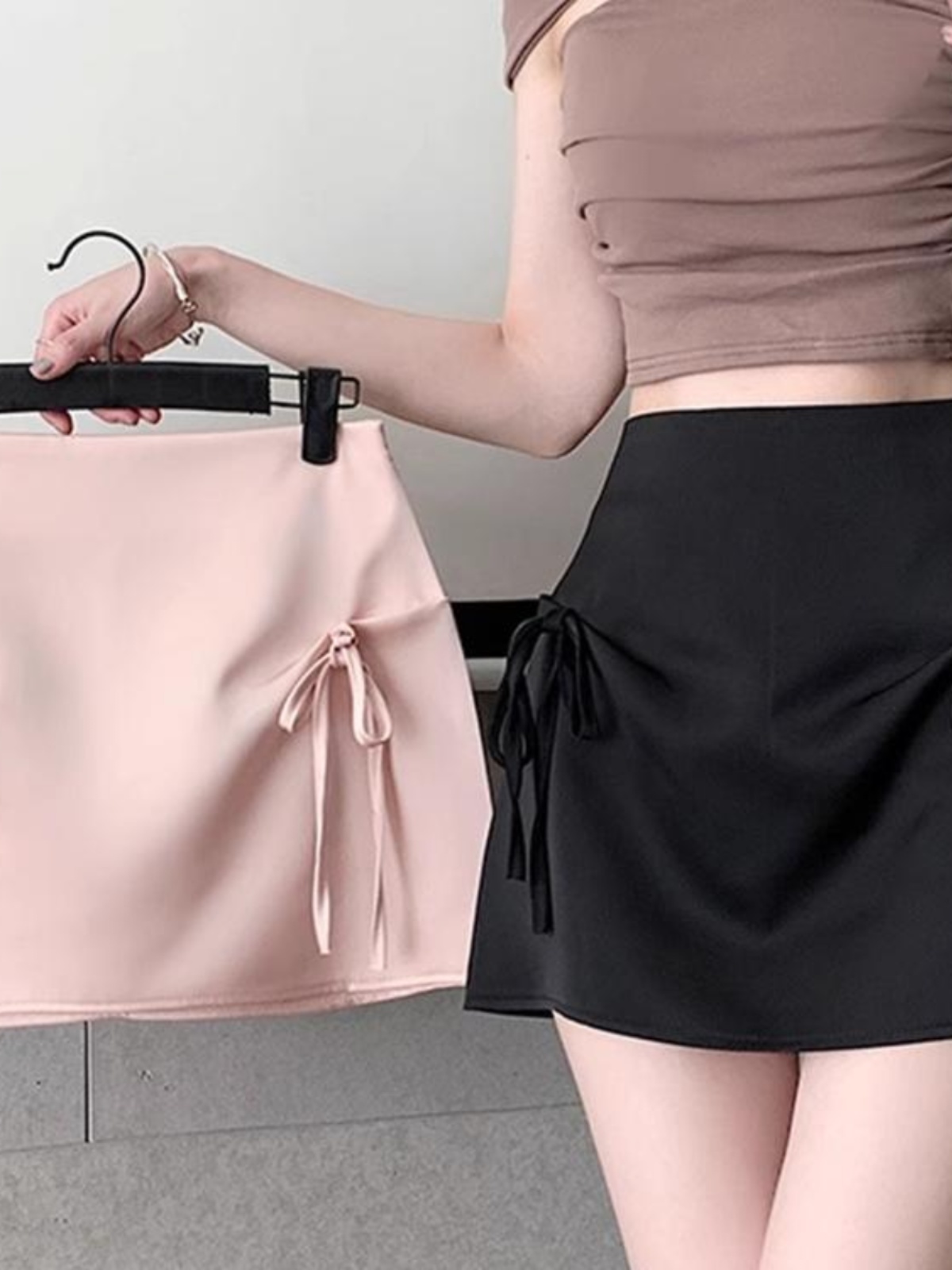 새틴 스커트 하이웨스트 미니 A라인 치마 여성용 글로시 핑크 S 40~47.5kg - 상세 이미지 4