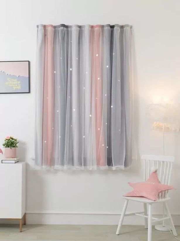 무타공 벨크로 암막 부착식 작은창 침실 공주풍 차광포 홀로우 스타 핑크 그레이 그라데이션 폭 1.0mx높이 1.7m
