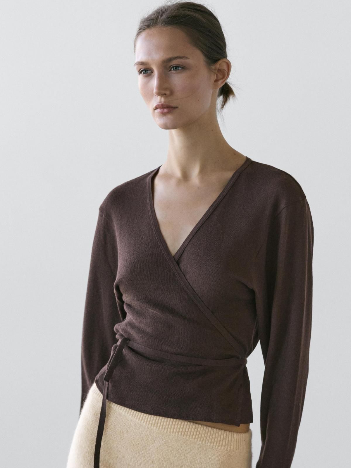 마시모두띠 코튼블렌드 랩 브이넥 니트 가디건 6263/106 BROWN - 상세 이미지 3