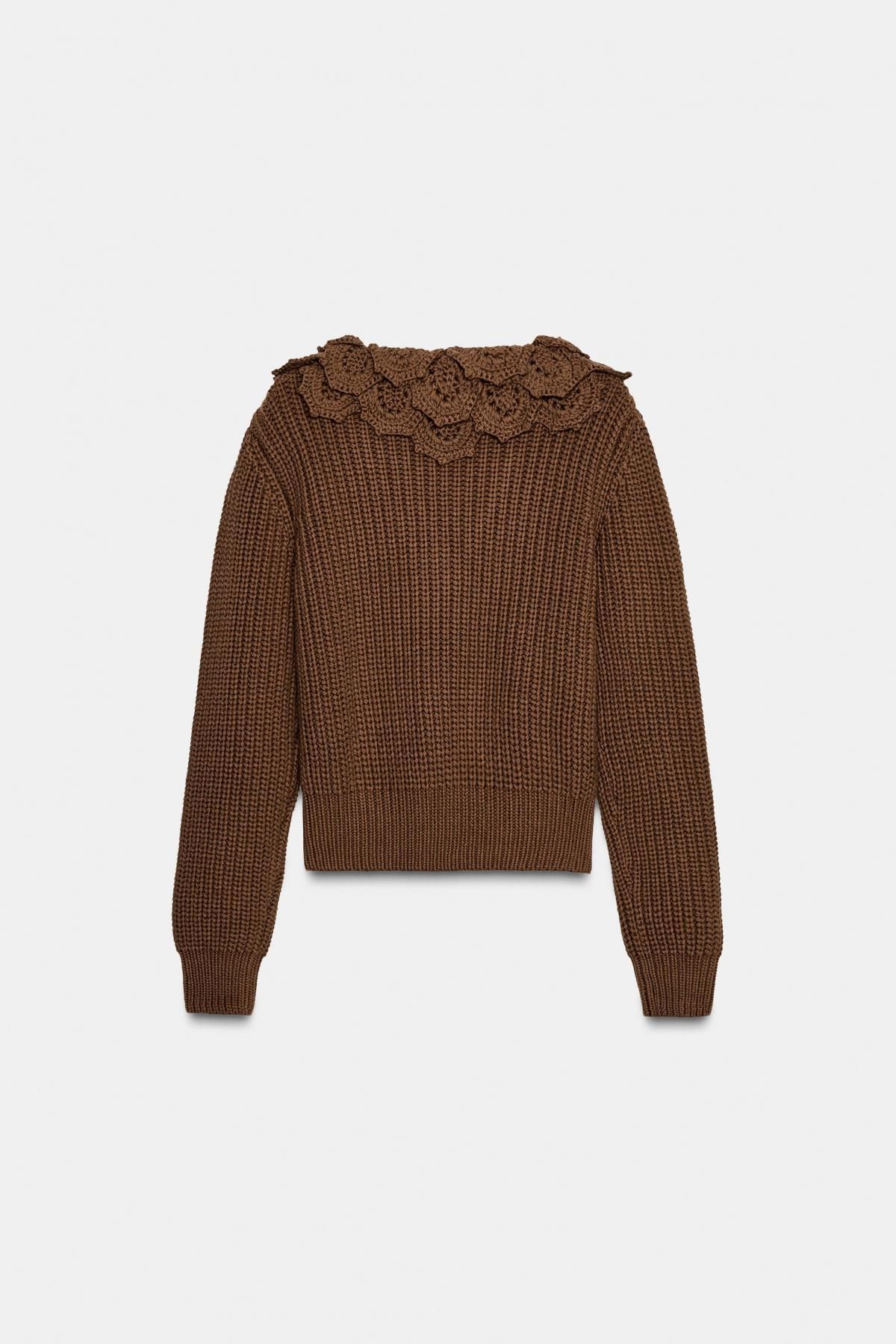 자라 플라워 텍스처 브이넥 니트 카디건 브라운 3920/882 BROWN - 상세 이미지 5