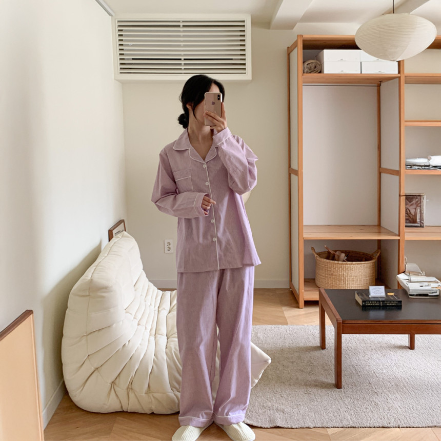 여성 순면 긴팔잠옷 스트라이프 봄 가을 파자마세트