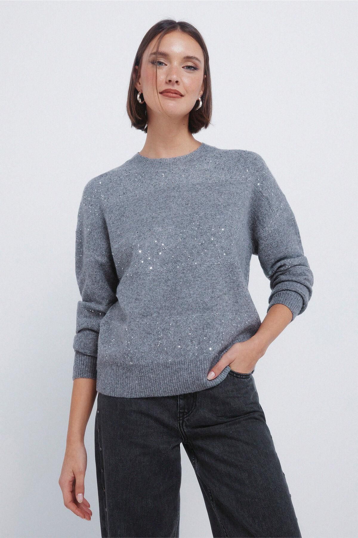 스프링필드 글리터 시퀸 라운드넥 니트 스웨터 1332655 NEGRO - 상품 이미지