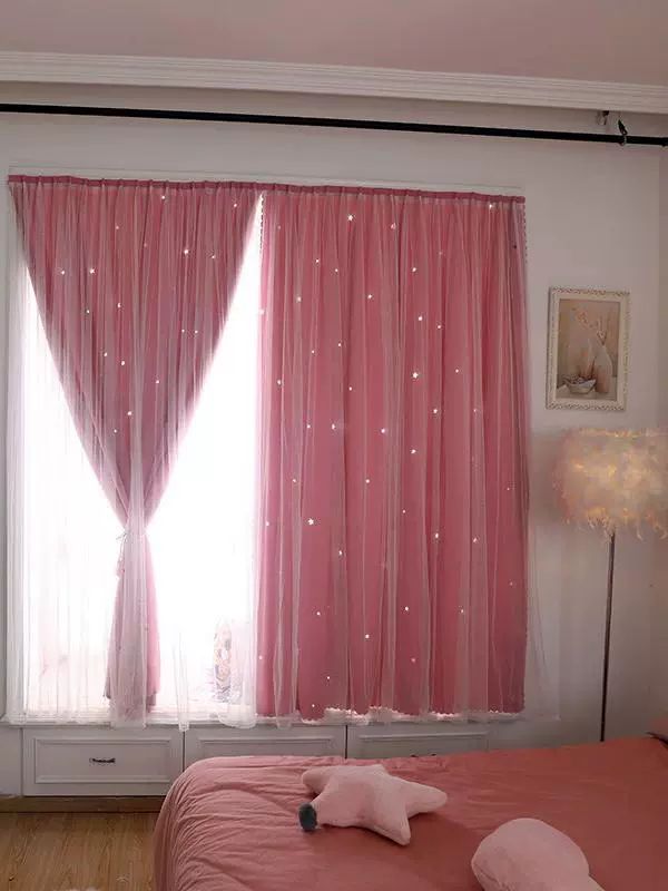 무타공 벨크로 암막 부착식 작은창 침실 공주풍 차광포 홀로우 스타 핑크 그레이 그라데이션 폭 1.0mx높이 1.7m