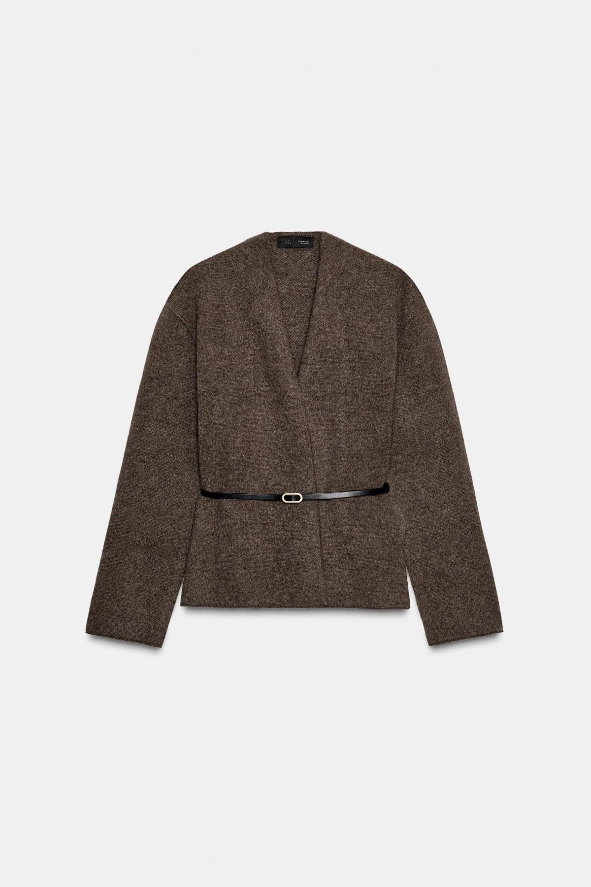 자라 프리미엄 울 브이넥 벨트 카디건 브라운 2893/205 BROWN / TAUPE - 상품 이미지