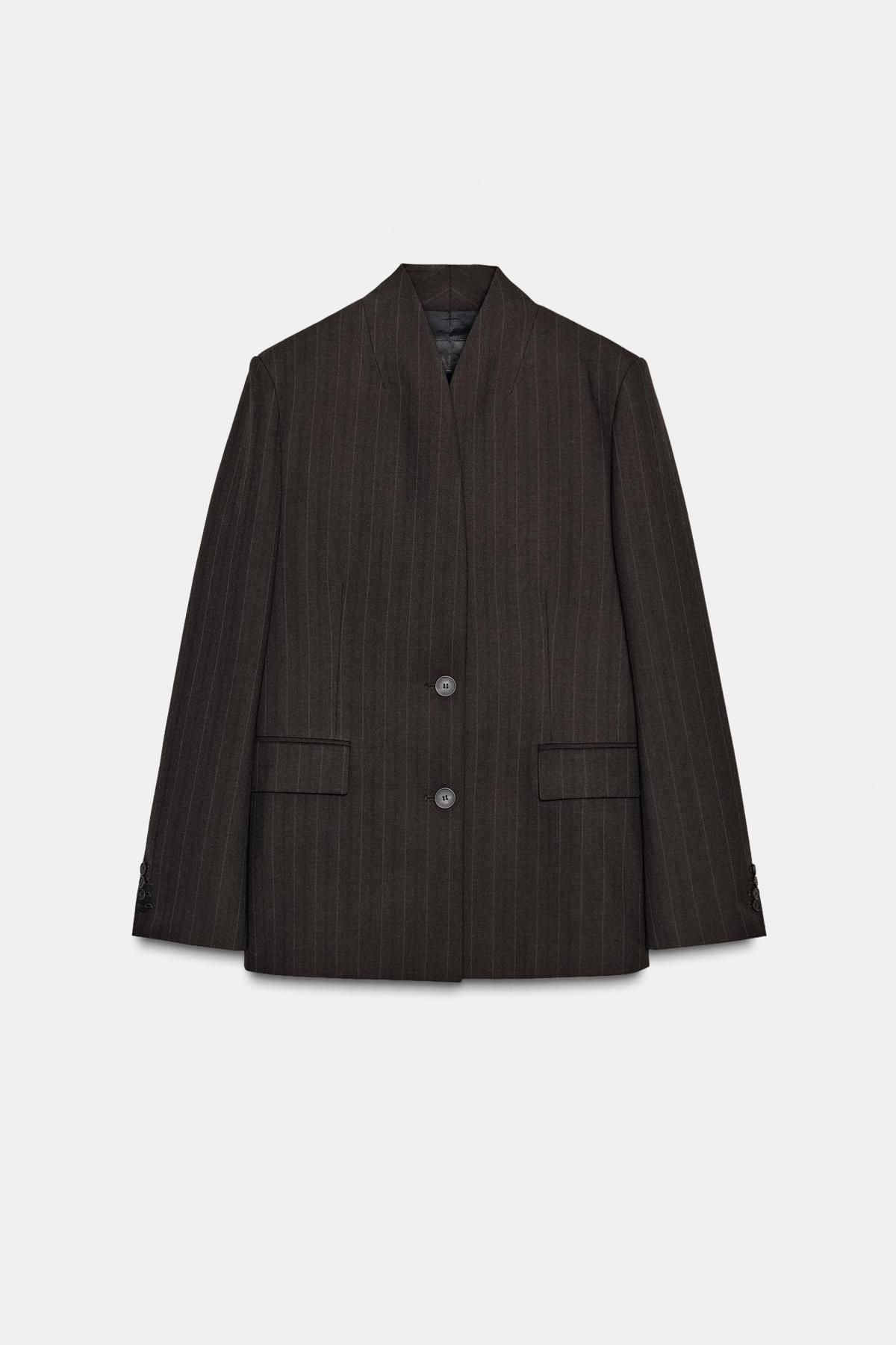 자라 핀스트라이프 스카프 블레이저 9870/145 BROWN STRIPES - 상세 이미지 4