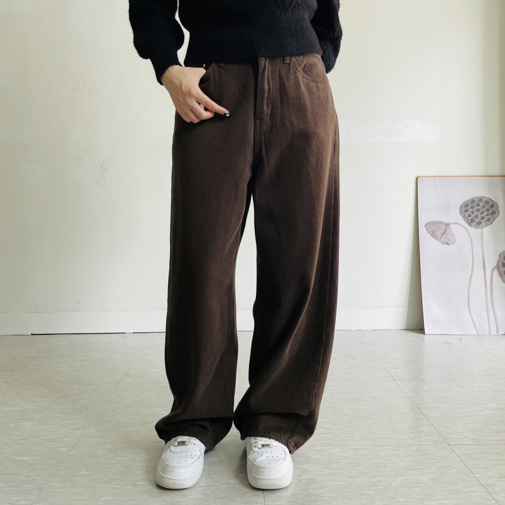 기모와이드팬츠 기모면바지 통바지 여성 겨울 아이보리 바지 - 상세 이미지 2