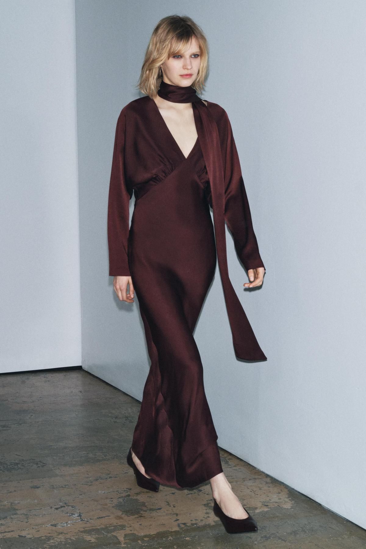 자라 한정판 새틴 롱 스카프 원피스 버건디 9973/789 BURGUNDY - 상세 이미지 2