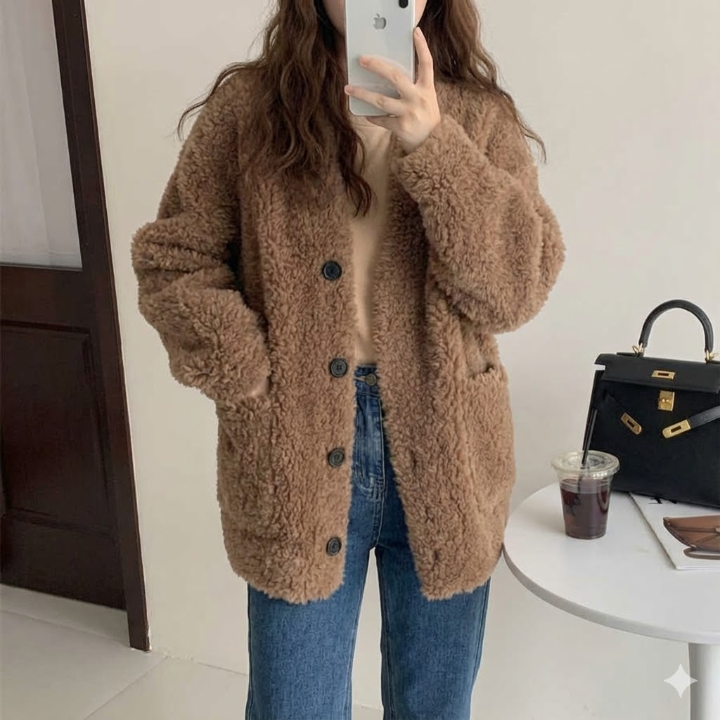 멋퀸 하프 오버핏 고퀄 양모코트 울100 천연 양털코트 뽀글이 - 상품 이미지