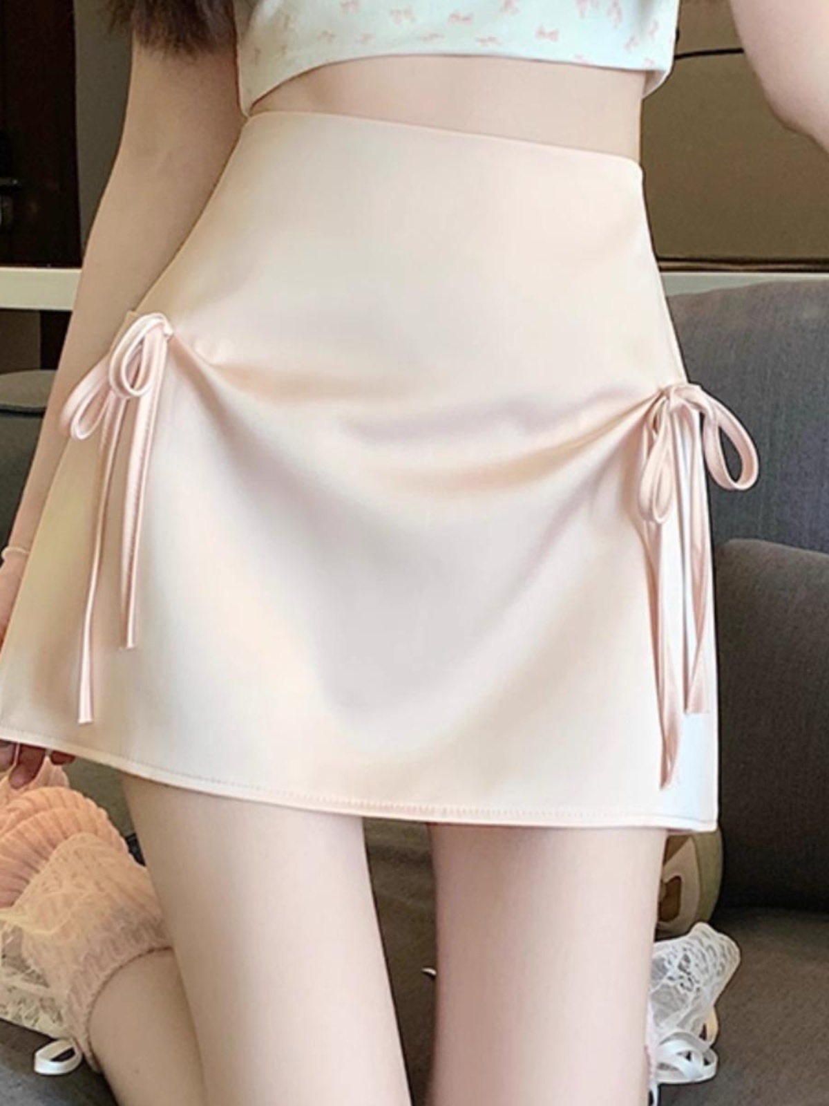 새틴 스커트 하이웨스트 미니 A라인 치마 여성용 글로시 핑크 S 40~47.5kg - 상품 이미지