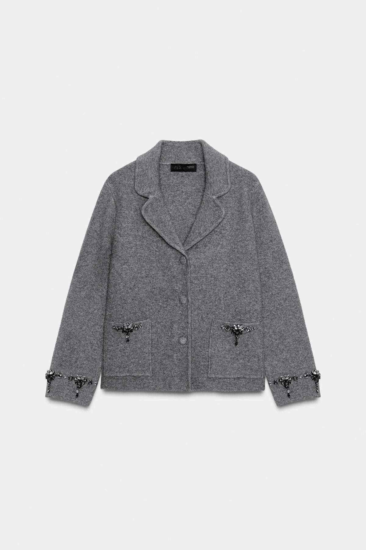 자라 쥬얼비즈 트림 라펠카라 니트 가디건 2142/235 GREY MARL - 상품 이미지
