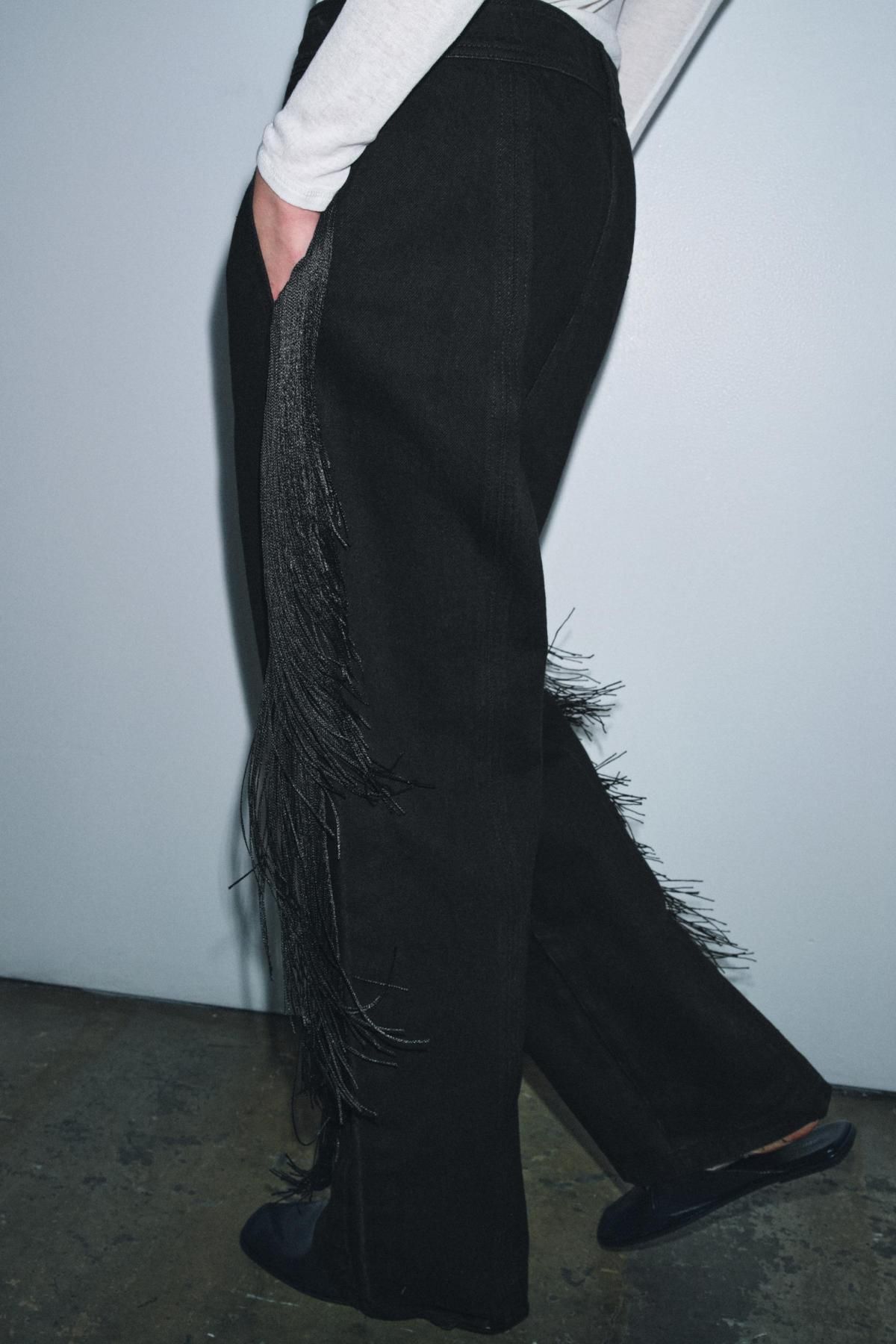자라 프린지 디테일 블랙 와이드 팬츠 5216/280 BLACK - 상세 이미지 3