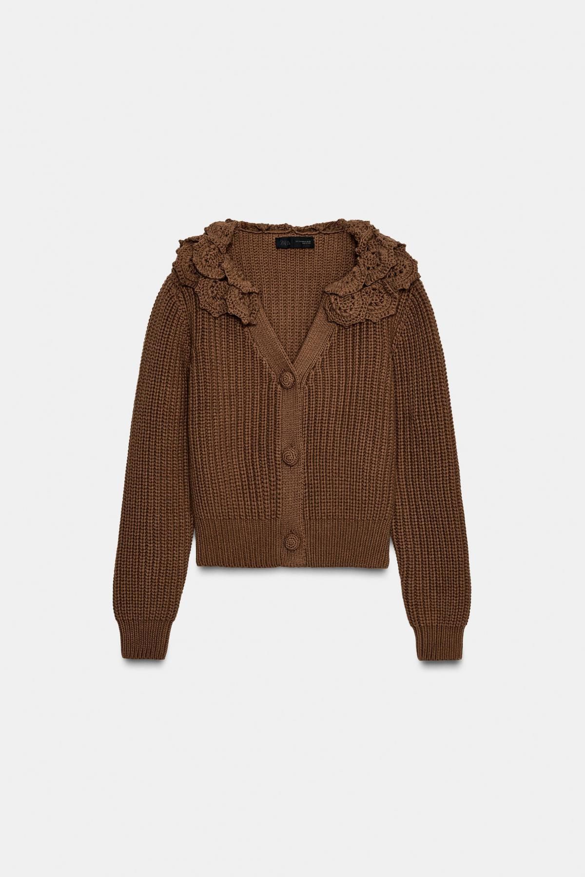 자라 플라워 텍스처 브이넥 니트 카디건 브라운 3920/882 BROWN - 상품 이미지