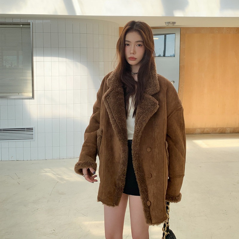 여성 스웨이드 하프 코트 램스울 양모 무스탕 3color - 상품 이미지