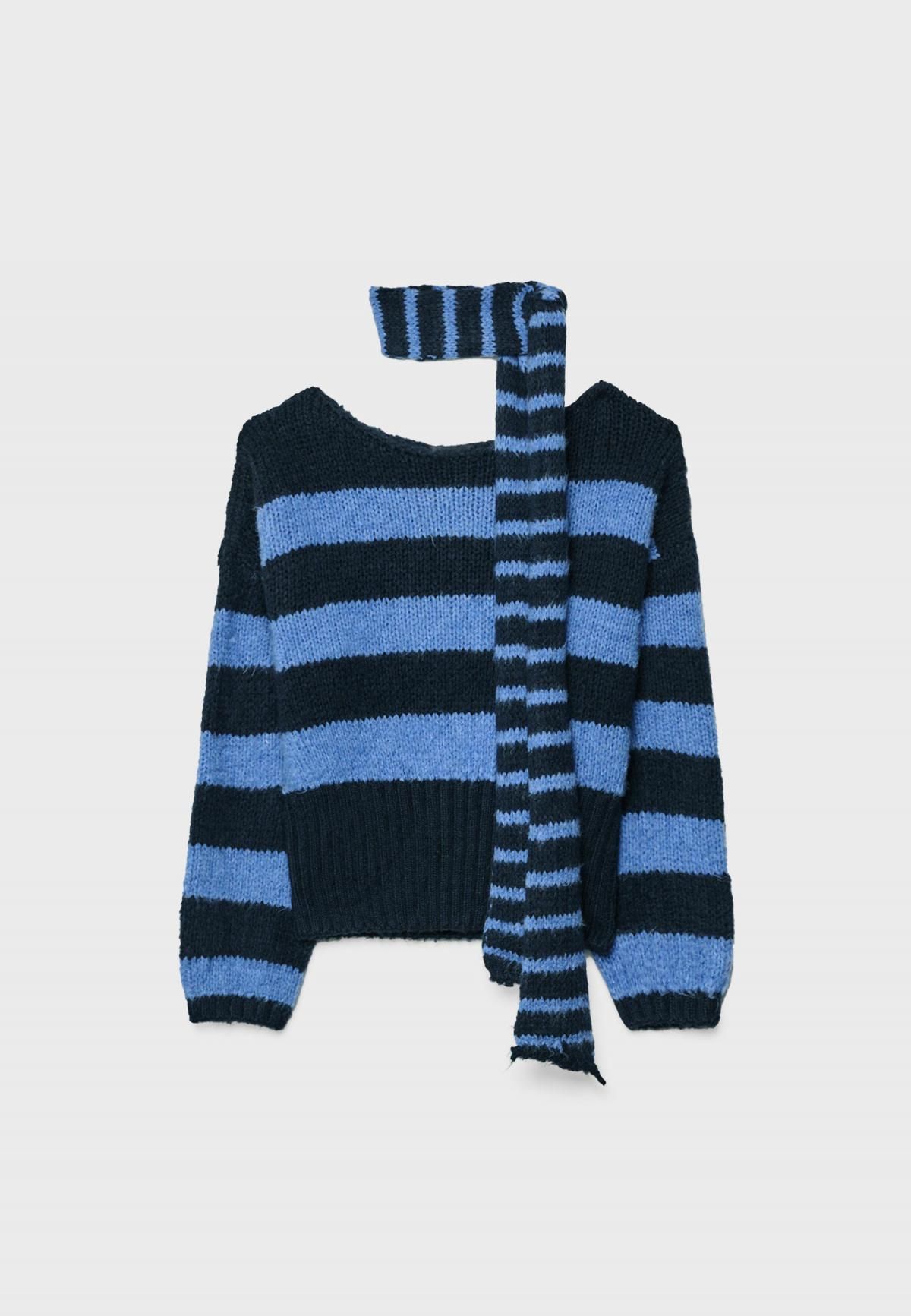 스트라디바리우스 스트라이프 보트넥 스카프 스웨터 1573/242 NAVY BLUE - 상품 이미지