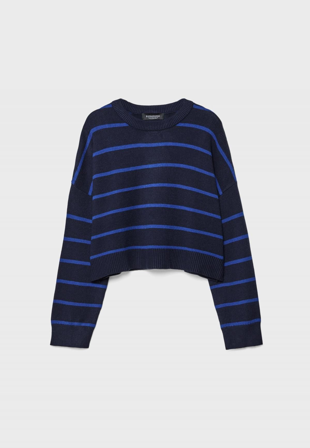 스트라디바리우스 스트라이프 크롭 라운드넥 니트 스웨터 5040/802 NAVY BLUE - 상품 이미지