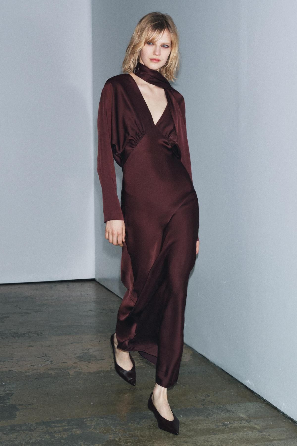 자라 한정판 새틴 롱 스카프 원피스 버건디 9973/789 BURGUNDY - 상세 이미지 3