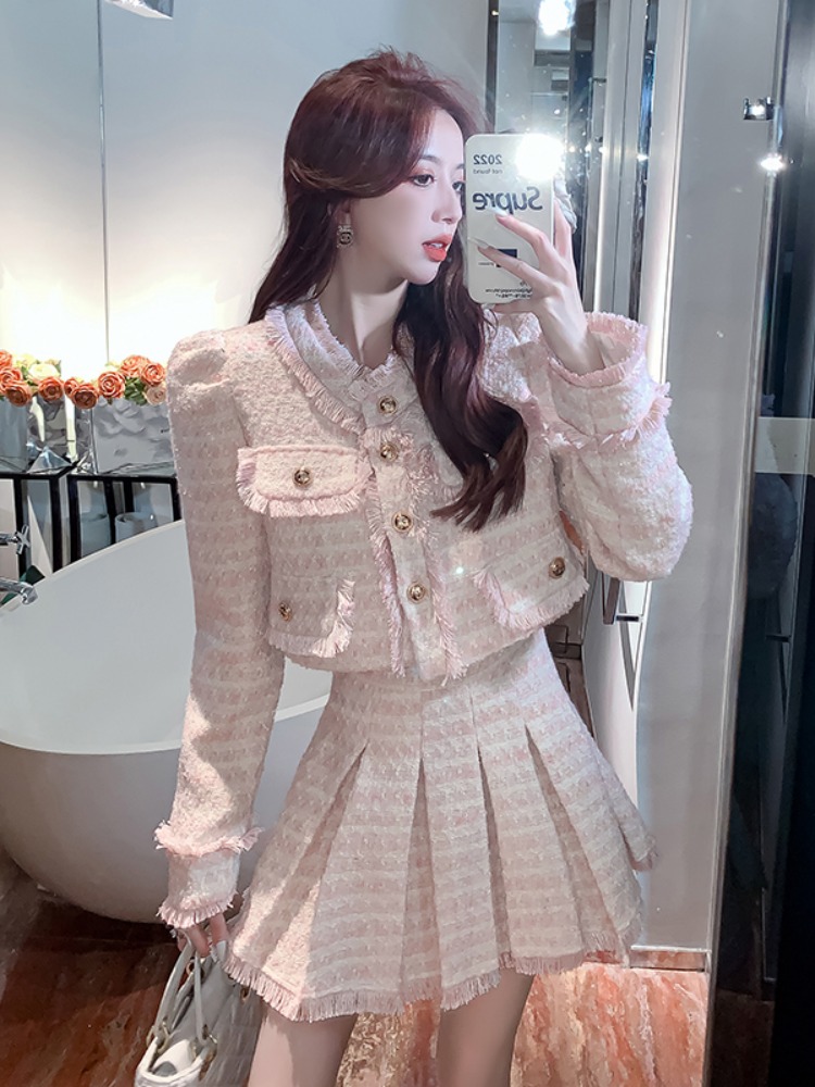 플리츠세트 짧은 트위드 코트 태슬 가디건 미니 스커트 투피스 시크 빈티지 재킷 가을 살구 일반 봄가을 S - 상세 이미지 5
