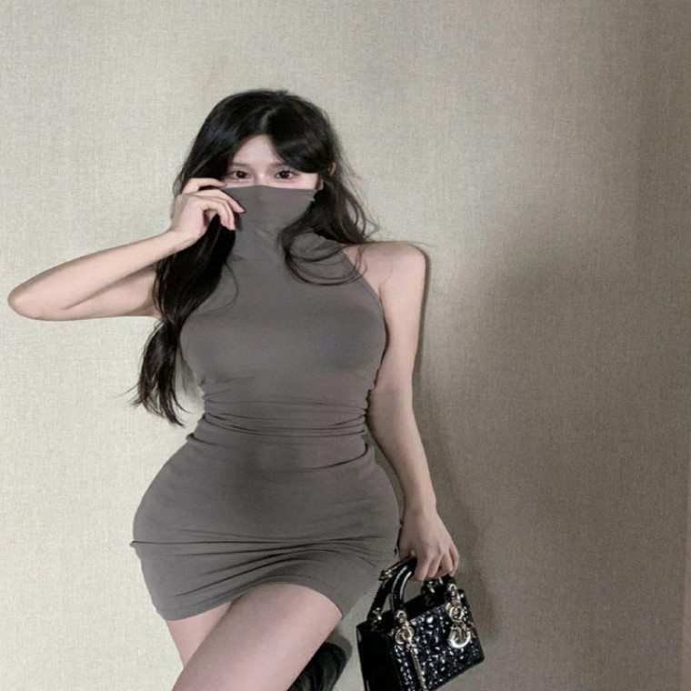 여성 미니 원피스 민소매 터틀넥 슬림 무지 셔링 자주 베이지 블랙 - 메인 이미지
