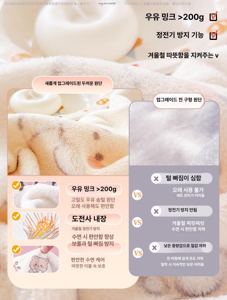 겨울용 밀크벨벳 침대시트 두꺼운 이불커버 튤립 래빗 1.5m 싱글시트4피스세트 - 상세 이미지 4
