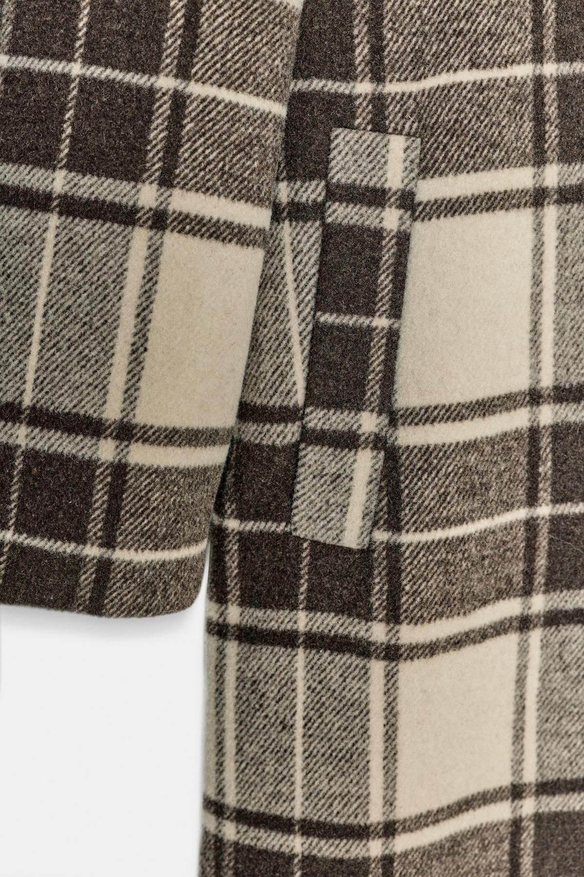자라 오버핏 체크 울 롱 더블코트 1255/758 SAND/BROWN - 상세 이미지 4