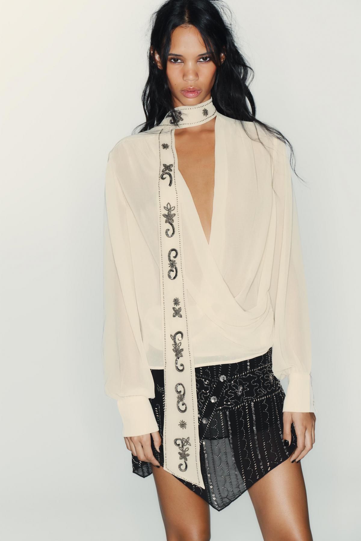 자라 시스루 비즈 스카프 조젯 셔츠 0881/141 BEIGE - 상세 이미지 3