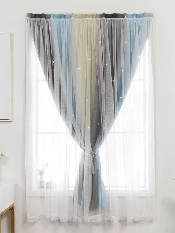 무타공 벨크로 암막 부착식 작은창 침실 공주풍 차광포 홀로우 스타 핑크 그레이 그라데이션 폭 1.0mx높이 1.7m