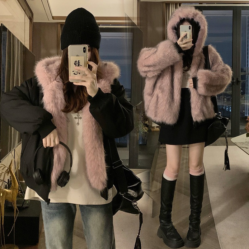 여성 따뜻한 인조퍼 숏 자켓 겨울 양면 후드 자켓 - 상세 이미지 2