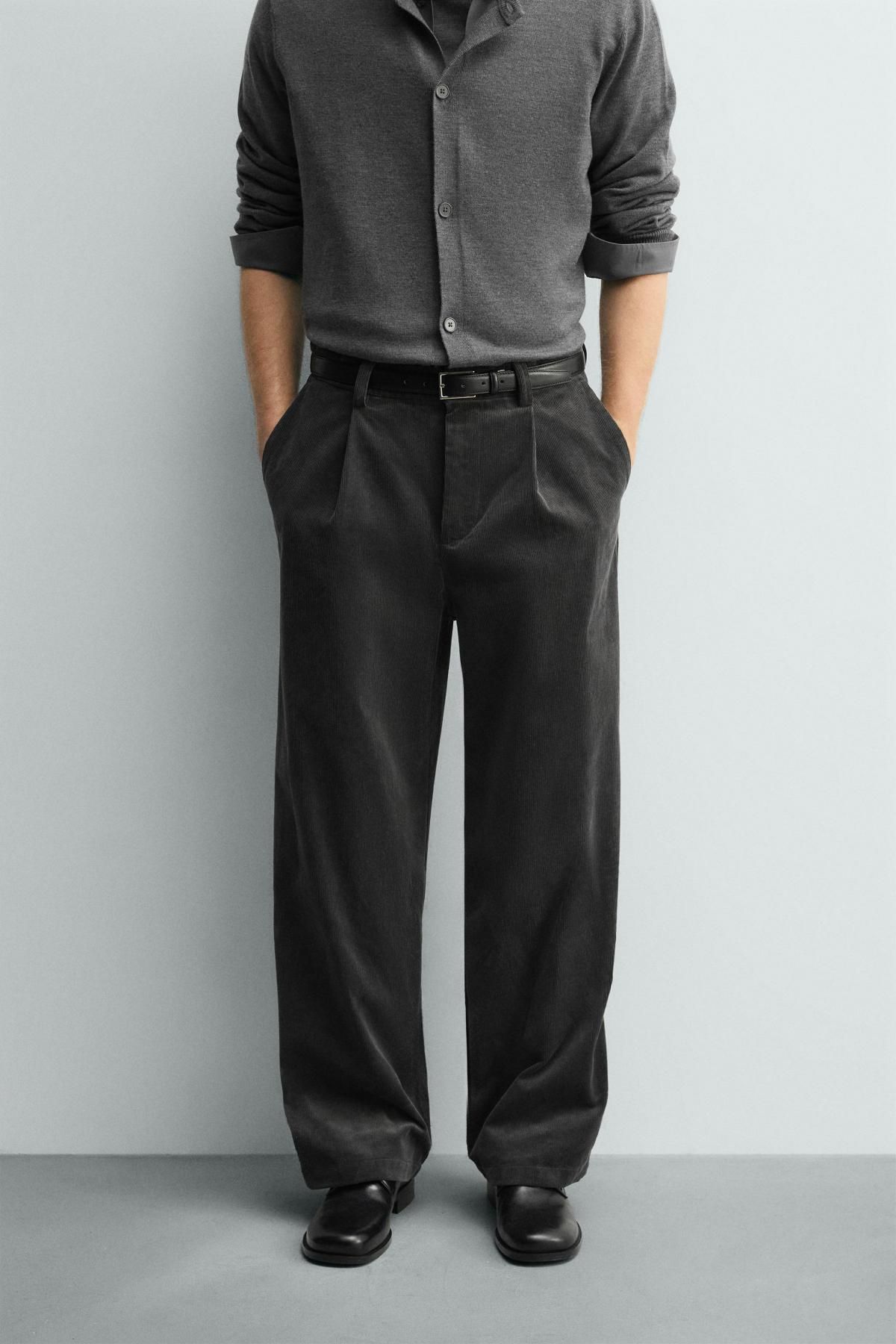 자라 코듀로이 와이드 스트레이트 플리츠 팬츠 4391/350 DARK GREY - 상품 이미지