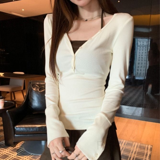 여성용 가을 긴팔 티셔츠 V넥 고급 스타일 편안한 베이스 레이어 패션 레이어드 가능한 디자인 캐주얼 착용감 좋은 - 상품 이미지
