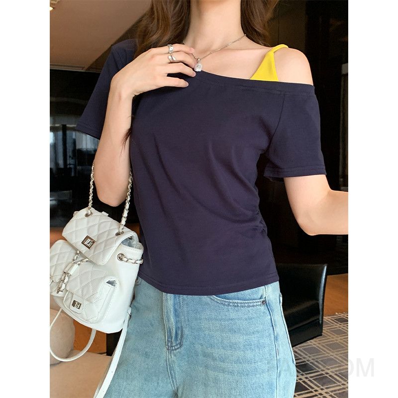 여성 인조 오프숄더 캐미솔 반팔 티셔츠 여름 라운드넥 스타일 편안한 착용감 캐주얼티셔츠 시원한 소재 - 상세 이미지 5