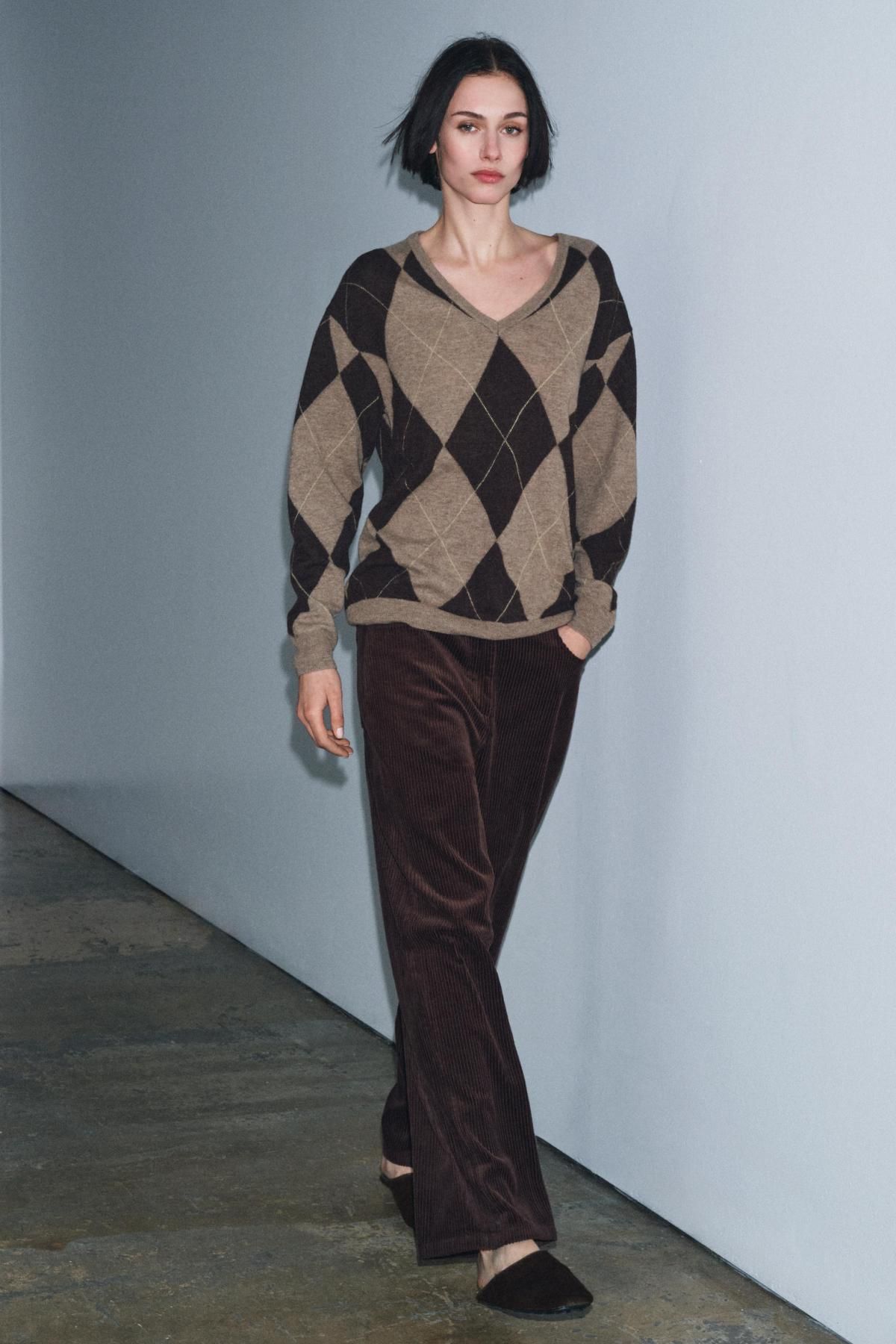 자라 아가일 패턴 울 브이넥 니트 스웨터 9598/174 BROWN / TAUPE - 상세 이미지 2