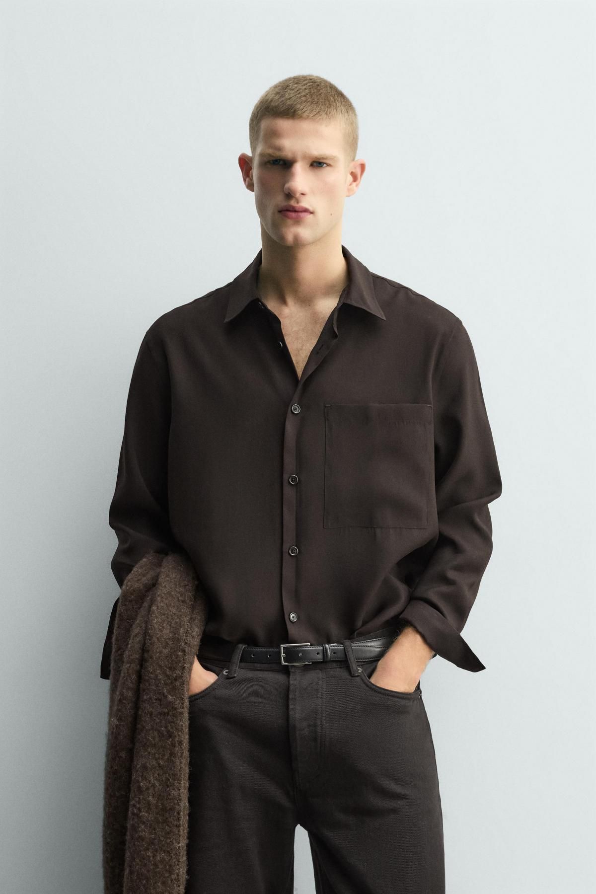 자라 모달 블렌드 긴팔 셔츠 브라운 포켓 4038/519 BROWN - 상세 이미지 3