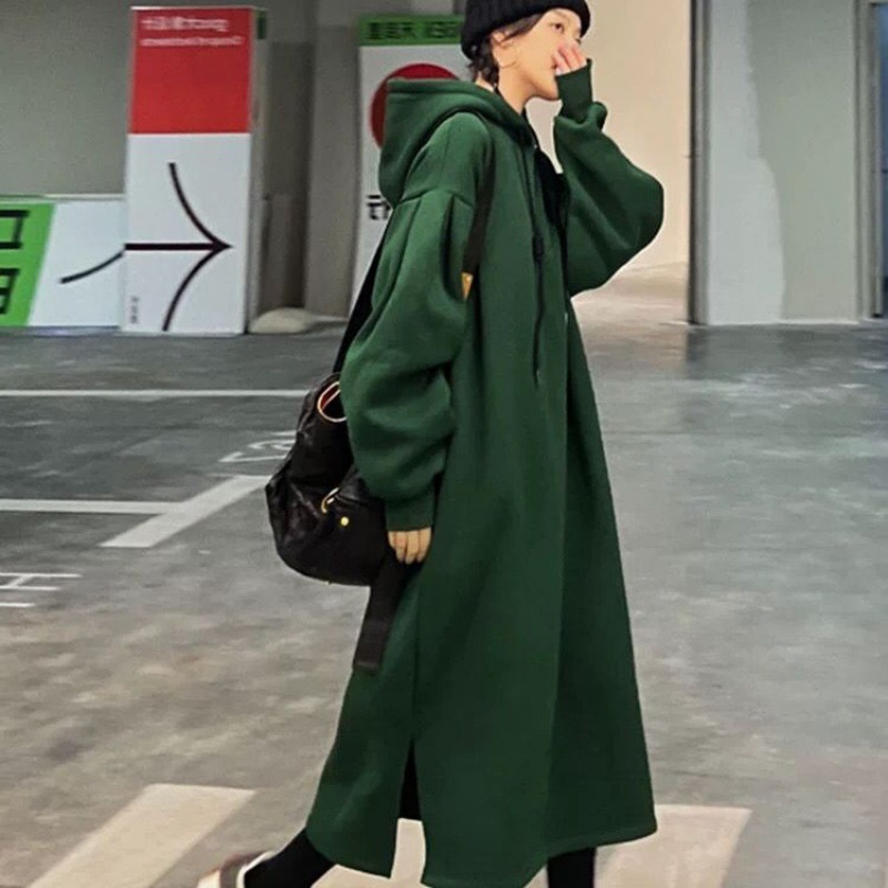가을 겨울 루즈핏 여성 기모 일자핏 롱 후드티 원피스 - 상세 이미지 4