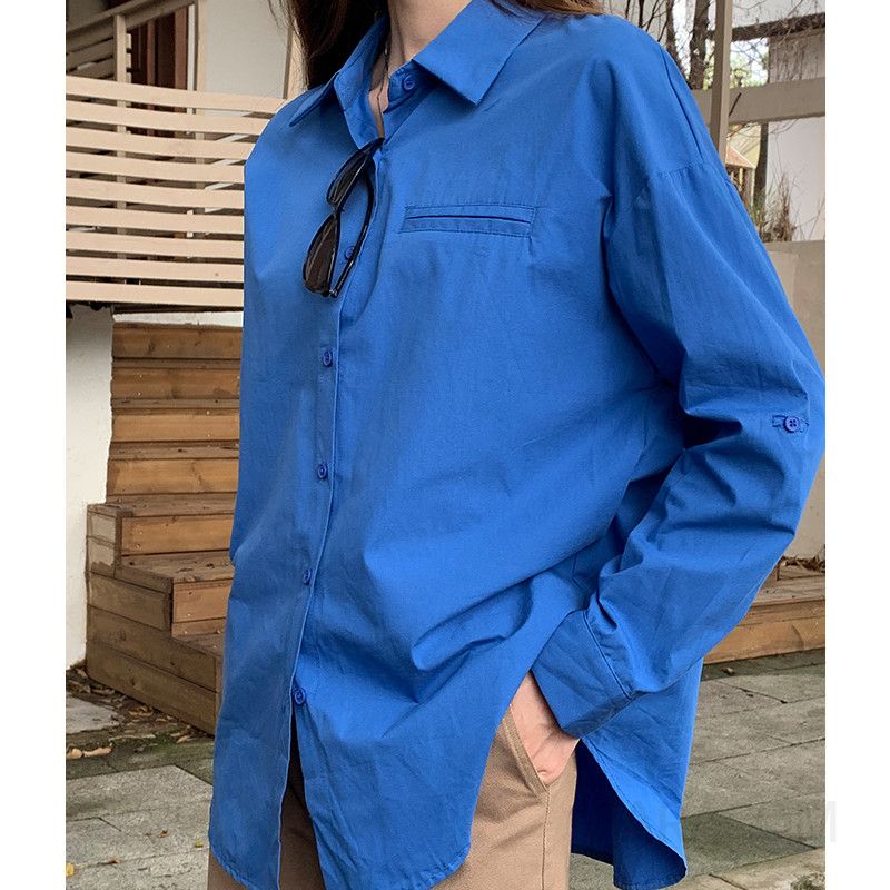여성 루즈핏 면 긴팔 카라 셔츠 블라우스 베이직 솔리드 오피스 데일리 간절기 코튼 가을 - 상세 이미지 4