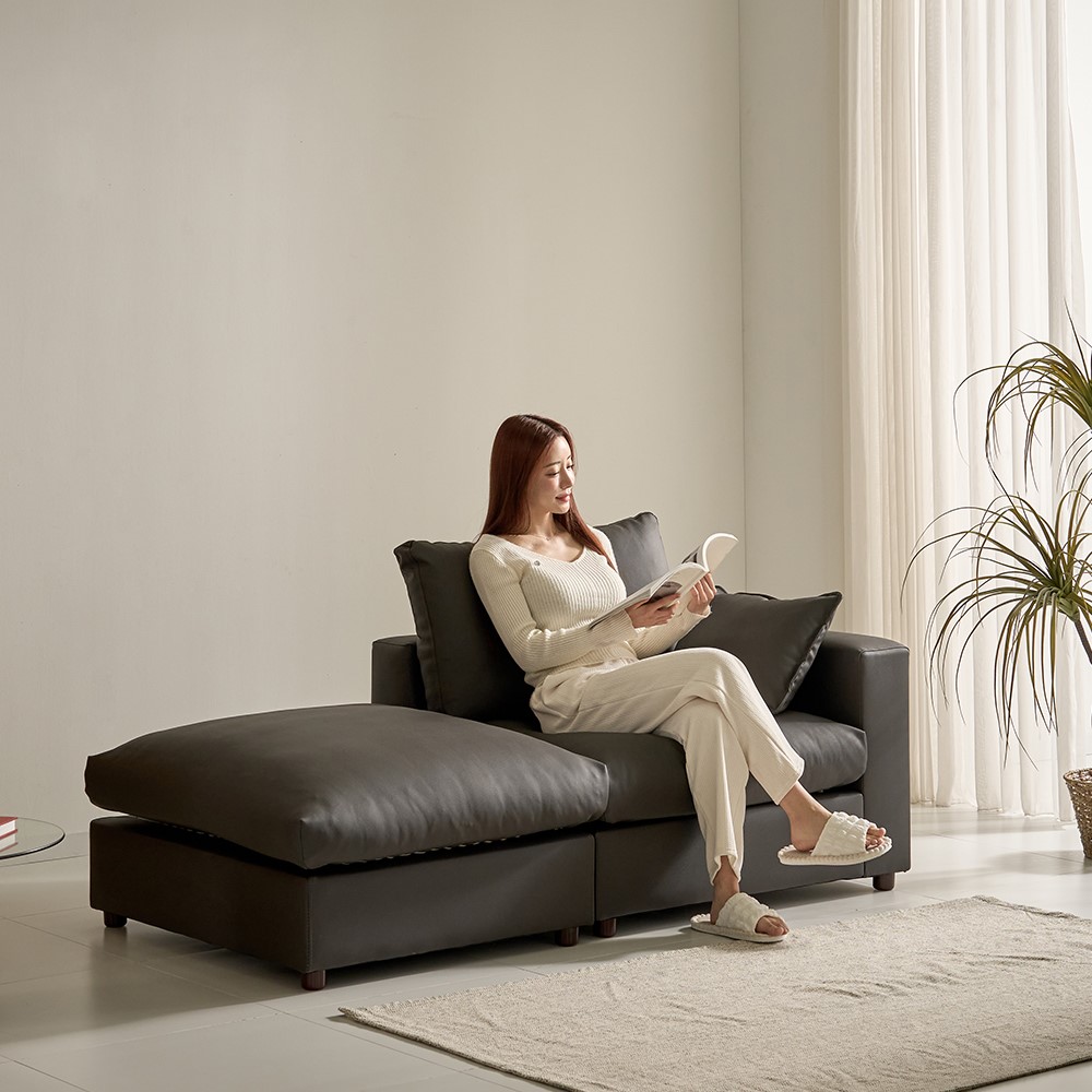 세인트블랑 컴피 구스 가죽 모듈 소파 sk 스툴포함, 다크브라운 왼팔, 2인용