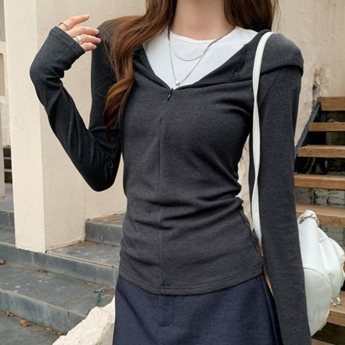 여성 집업 후드티 슬림핏 후드 긴팔 티셔츠 베이직 데일리 니트 코디 간절기 봄 가을 - 상품 이미지