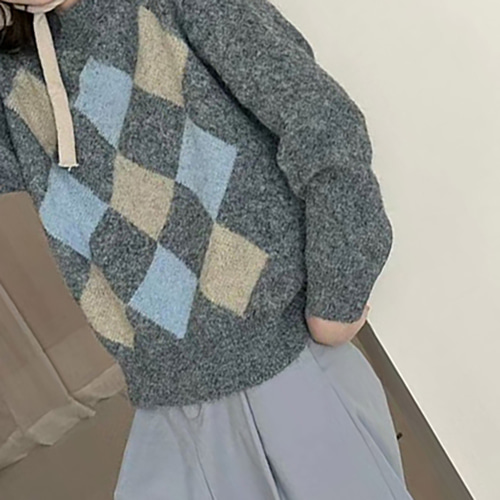 (YY) 여성스러운 심플 니트탑 아가일 패턴 라운드넥 티셔츠 베이직 캐주얼 러블리 데일리룩 - 상세 이미지 2