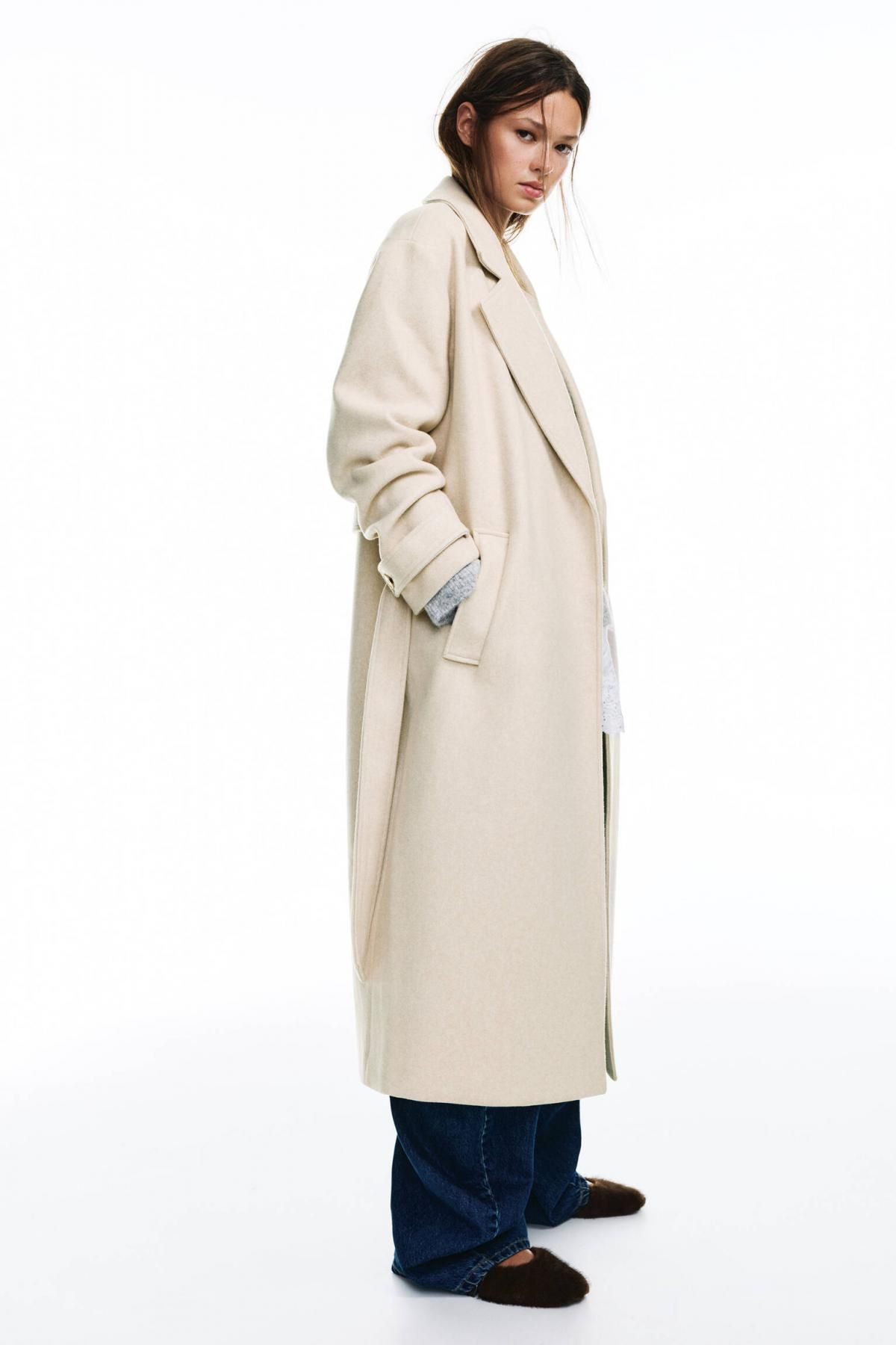 풀앤베어 소프트 펠트 텍스처 벨트 롱 코트 3755/356 BEIGE - 상세 이미지 5