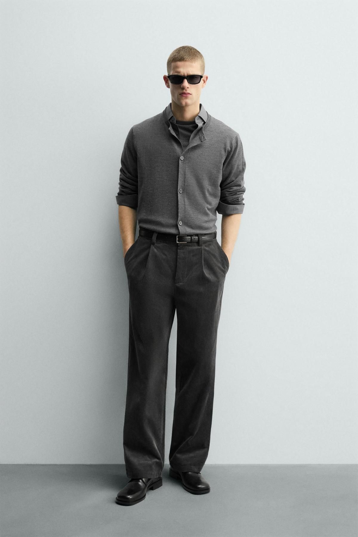 자라 코듀로이 와이드 스트레이트 플리츠 팬츠 4391/350 DARK GREY - 상세 이미지 2