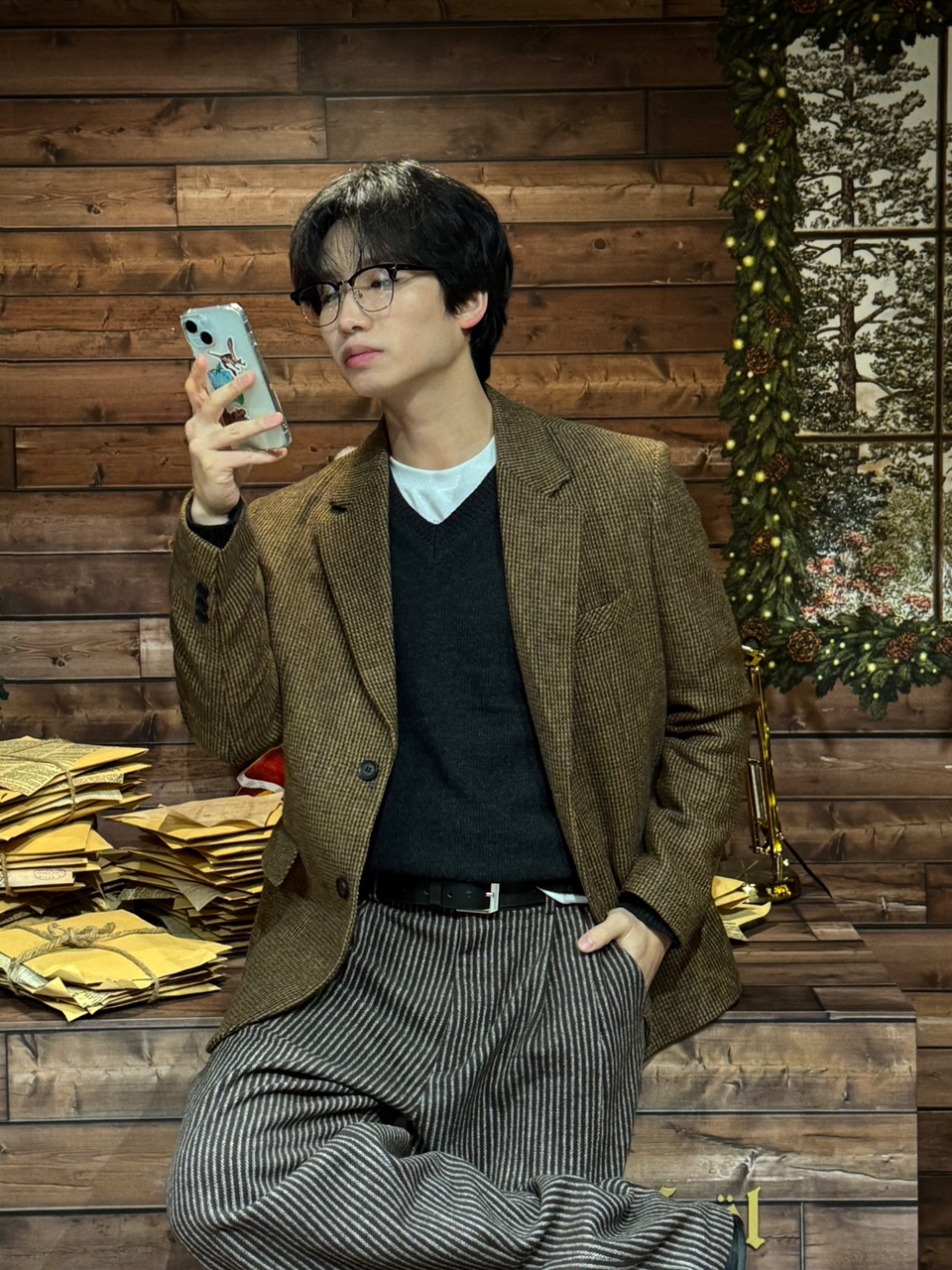 (남녀공용) 프리미엄 윈터 태디 울 체크 블레이저 / 가을 겨울 오버 루즈 대디 자켓 - 상품 이미지