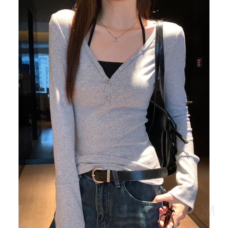 여성용 가을 긴팔 티셔츠 V넥 고급 스타일 편안한 베이스 레이어 패션 레이어드 가능한 디자인 캐주얼 착용감 좋은 - 상세 이미지 3