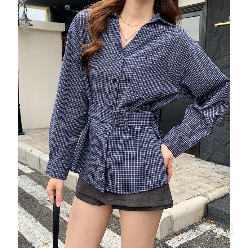 여성 카라넥 체크 벨티드 셔츠 롱 원피스 루즈핏 가을 데일리 오피스룩 간절기 빅사이즈 - 상세 이미지 5