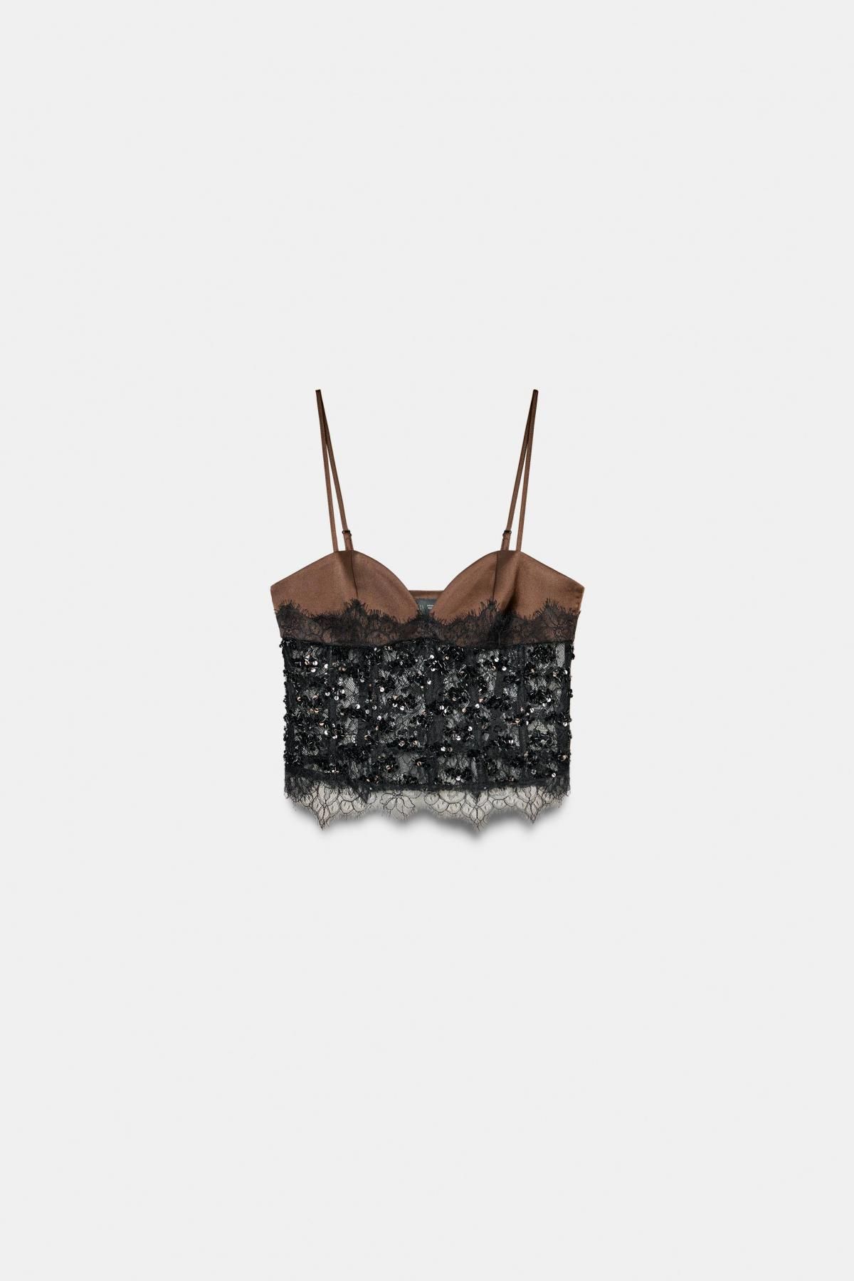 자라 시퀸 브이넥 코르셋 스트랩 탑 9975/399 BROWN - 상품 이미지